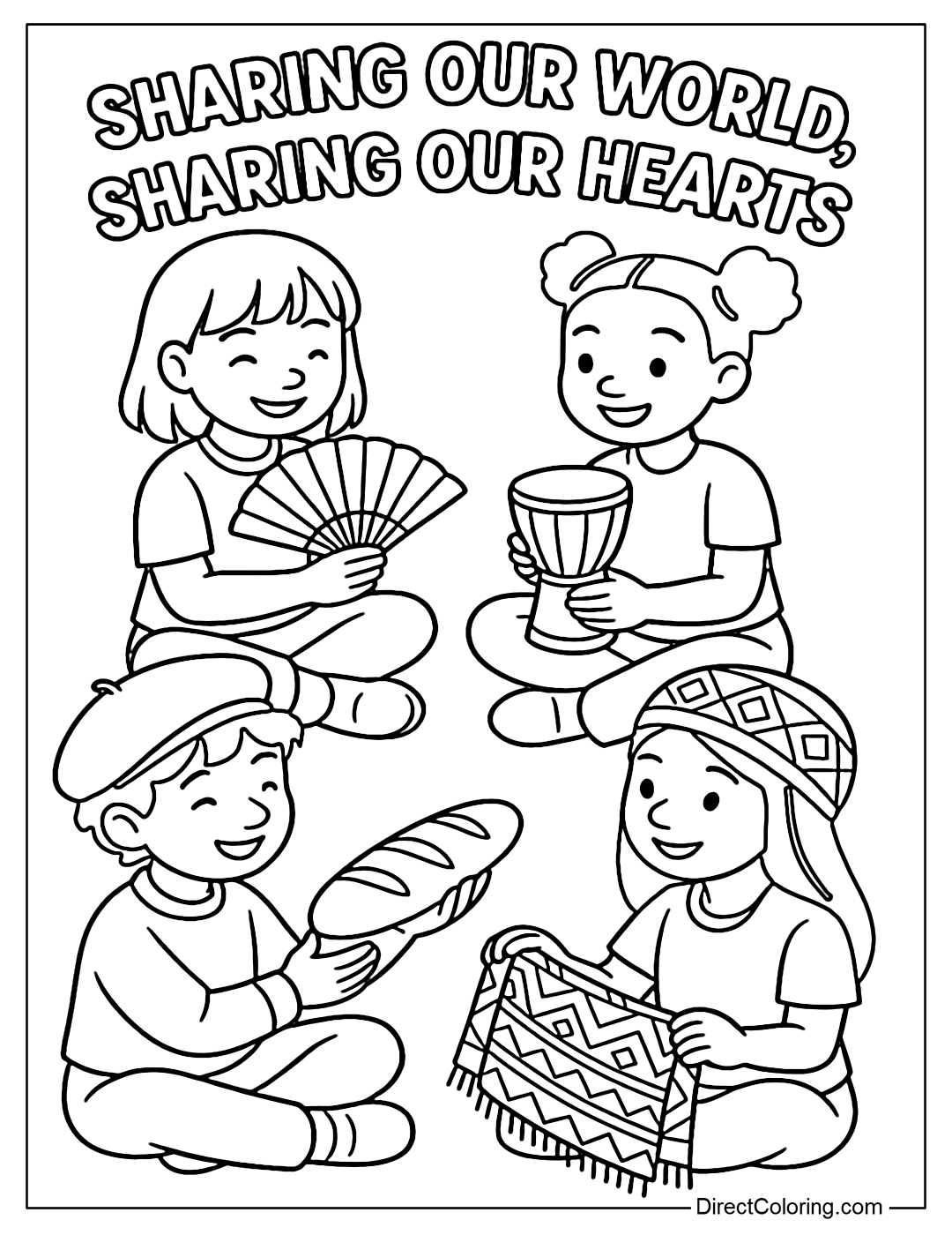 Coloring page of a group of children from many countries sitting in a circle and exchanging cultural gifts such as paper fans, bread, hand drums, or brocade scarves